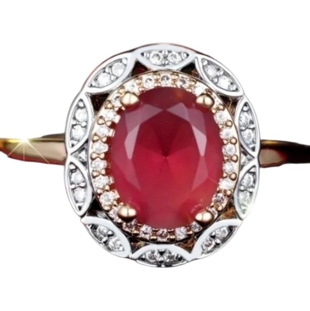 Red Gemstone Goldtone Ring with Silvertone Rhinestone Accents